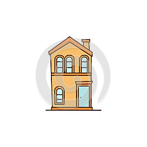 Orange private house. Poster or banner for website. Apartment, facade and exterior. Modern and traditional urban