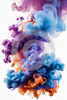 Orange, pruple and blue smoke swirling against white backdrop abstract art