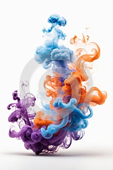 Orange, pruple and blue smoke swirling against white backdrop abstract art