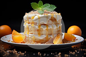 orange pudding cake with yogurt and cheesecake on woodwn table. Generative ai