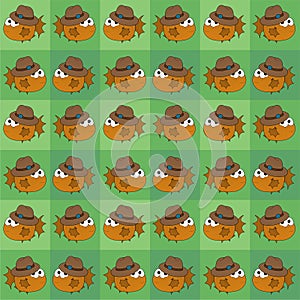 Orange Puffer Fish Wearing a Brown Hat Cute Illustration, Cartoon Funny Character, Pattern Wallpaper