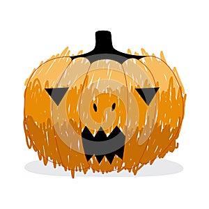 Orange pumpkin for halloween, scary and creepy. Triangular eyes and horror. Illustration in drow style on white background