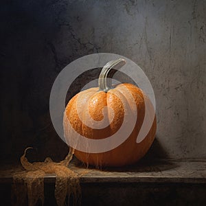 Orange pumpkin isolated with cobwebs and eerie vine details.