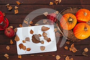 Orange pumpkin and leaves near laptop computer on a table. Autumn season time