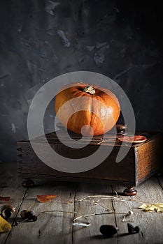 Orange pumpkin on an old casket against a gray wall