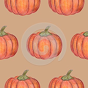 Orange pumpkins isolated on beige background. Seamless pattern. Halloween or Thanksgiving Day decoration. Hand drawn illustration.