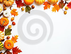Orange pumpkins, maple leaf, ash berries and mock up paper blank on white background. Hello Fall greeting card, autumn