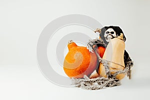 Orange pumpkins on a wooden tray halloween holiday background