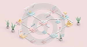 Orange and purple wave pattern with flowing particle streams, digital art