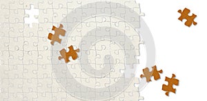 Orange puzzle piece on a background with missing puzzle pieces with copy space isolated on white background