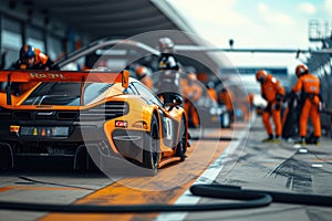 An orange race car races down a high-speed race track, leaving a trail of dust in its wake, A racing sports car freshly out of the