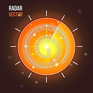 Orange radar screen with targets in process ,dynamic illustration . Conceptual design of military radar screen. Vector