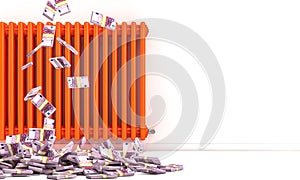 Orange radiator in a white room, wads of money eruro. concept of the cost of heating photo