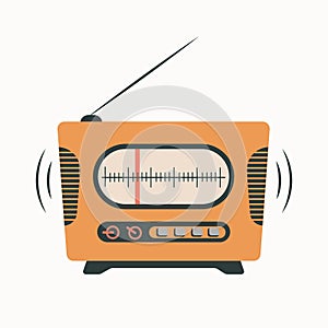 Orange radio in retro style with an antenna and music playing from it. Flat vector illustration of icon, logo, emblem.