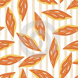 Orange random abstrac leaves seamless pattern in simple style. Striped background. Floral backdrop
