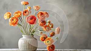 Orange ranunculus flowers in white ceramic vase against grey textured background