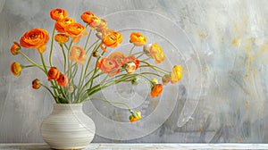 Orange ranunculus flowers in white ceramic vase against grey textured background