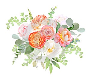 Orange ranunculus, pink rose, white hydrangea, juliet rose, garden flowers