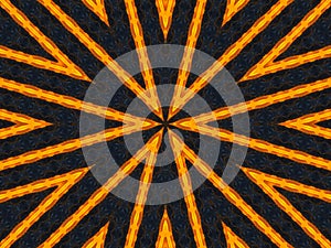Orange rays stars on black retro textured pattern 70s. Abstract unique kaleidoscope background. Beautiful kaleidoscope