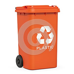 Orange recycling trash can for plastic rubbish, 3D rendering