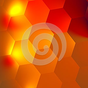 Orange Red Abstract Hexagons Background. Bright Light Effect in Dark. Honeycomb Backdrop. Minimal Style Digital Design. Flat.