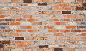 Orange red brown damaged rustic brick wall brickwork stonework masonry texture background pattern template architecture