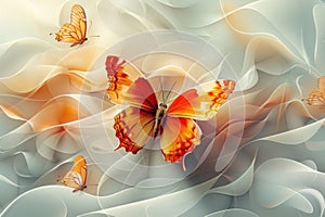 Orange and red butterfly on a white silk-like draped fabric background