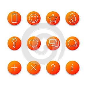 orange red buttons for applications on phone buttons, avatar icon, star, heart, synchronization, help, information