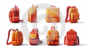 An orange and red colored school bag, backpack, or rucksack with webbing. This student backpack or schoolbag is isolated