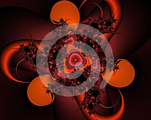 Orange red dark fantasy fractal flowery abstract geometries, vivid texture