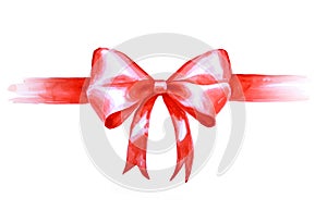 Orange-red gift bow of satin ribbon on white background.