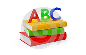 Orange, red, and green hardcover books with blank covers stacked over white background with A, B and C letters standing on top,