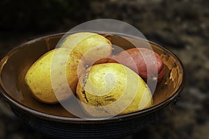 Orange and red mangoes in a fruit bucket