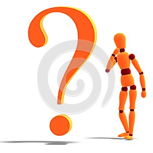 An orange red manikin standing by a question mark