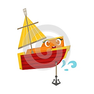 Orange And Red Sailing Boat With An Anchor, Cute Girly Toy Wooden Ship With Face Cartoon Illustration