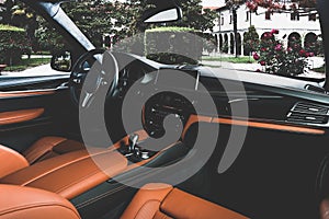 Orange Red Sand Leather Luxury Car Inside Interior