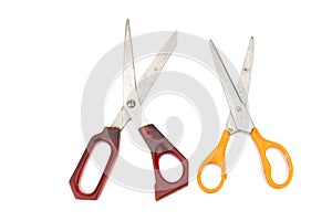 orange and red scissors. dirty. isolated on white background