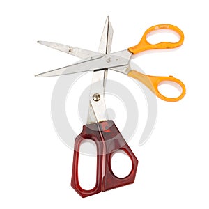 orange and red scissors. dirty. isolated on white background