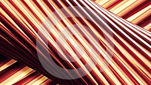 Orange and red spinning 3D tube covered by twisting glowing lines, seamless loop. Motion. Diagonal colorful stripes