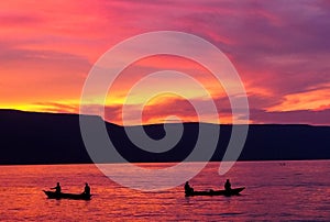 Orange red sunset over Lake Tanganyika