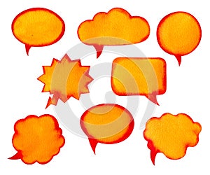 Orange with red watercolor speech bubbles set soft blue chat thought clouds text bubble