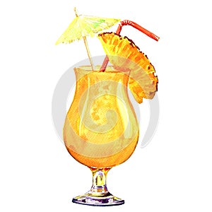 Orange refreshing cold cocktail with pineapple, isolated, watercolor illustration