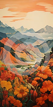 Orange Region With Flowers: A Vibrant Mountainous Vistas Painting