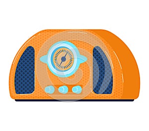 Orange retro radio with blue speakers and dial. Vintage radio receiver design vector illustration. Music nostalgia and