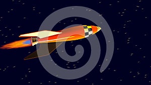 Orange retro toy rocket ship in space with fast moving stars. 3d Animation.