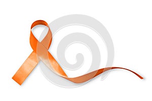 Orange ribbon isolated on white background clipping path raising awareness on leukemia, kidney cancer, multiple sclerosis, ADHD