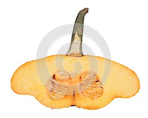 Orange ripe raw pattypan squash cut in half inside longitudinal section isolated on white