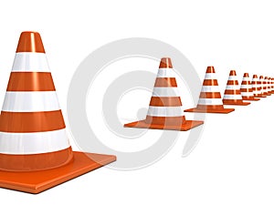 Orange road under construction cones on white