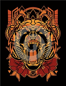 Orange roaring panda head cyberpunk with floral and  sacred geometry background for poster and tshirt design