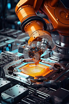 Orange Robot Arm Assembling Computer Chip Parts at Factory. Generative ai